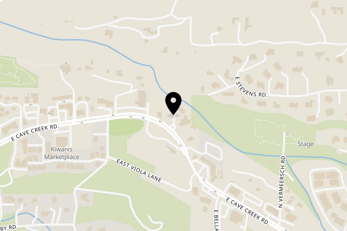 Map showing the location of The Horny Toad on 6738 E Cave Creek Rd in Cave Creek